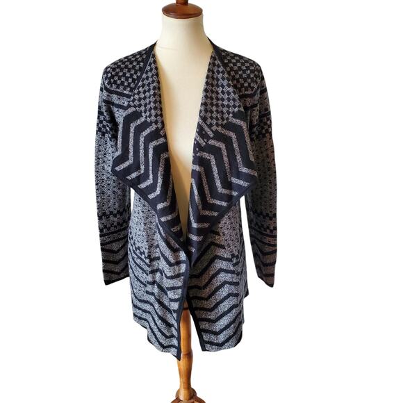Smartwool Stripe Check Pattern Open Front Cardigan Sweater Medium Black Gray - Picture 1 of 5